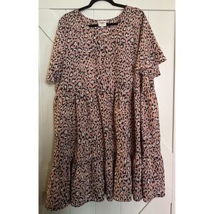 Hayden Los Angeles 2XL Mauve Leopard Ruffle Hem Dress Button Front Short‎ Sleeve
